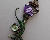 Flower Key Pendant -- Wire Wrapped Antique Key with Purple and Green Flower, Swarovski Crystals, Antique Brass Wire