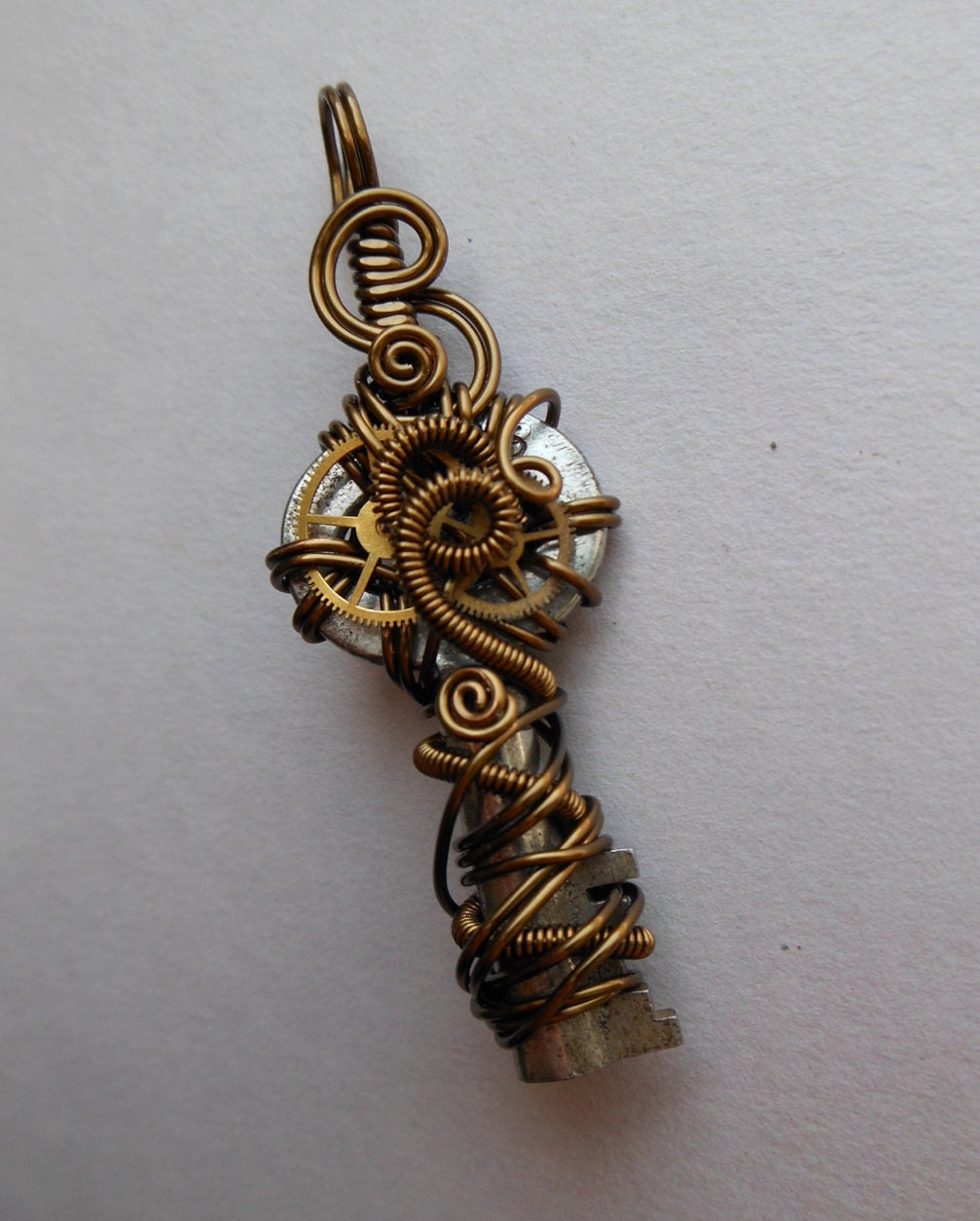 Steampunk Industrial Coiled Wire Clockwork Key Pendant -- Wire Wrapped Key Pendant with Gears and Coils (A key to time)