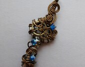 Wire Wrapped Key Pendant -- Steampunk Clockwork Key, Gears and Medium Blue Swarovski Crystals (A Key to Time)
