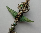 Green Winged Clockwork Key Pendant -- Steampunk Inked Feathered Winged Key with Gears, Swarovski Crystals (A Key to Time)