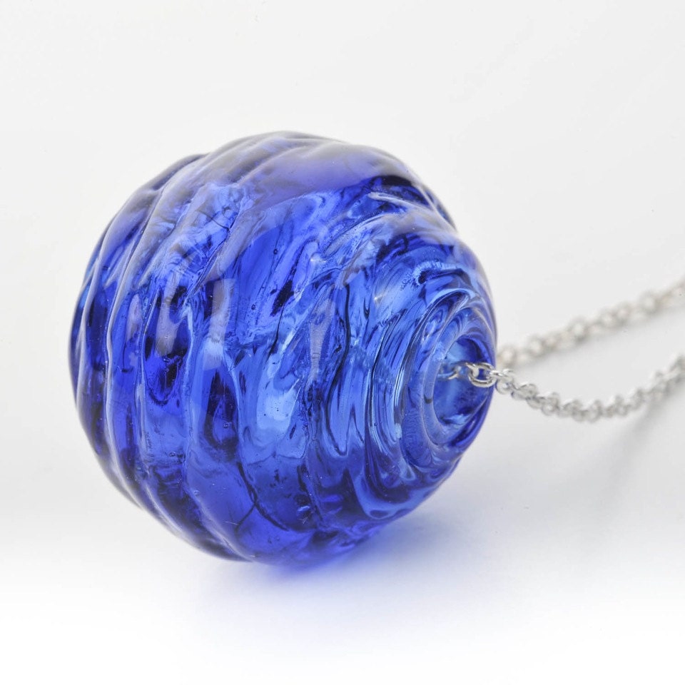 Cobalt blu Necklace Murano glass hollow bead and silver