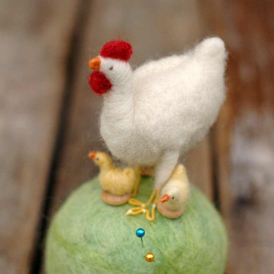 Mama Hen and her Three Chicks Pincushion - Needlefelted Farm Decor
