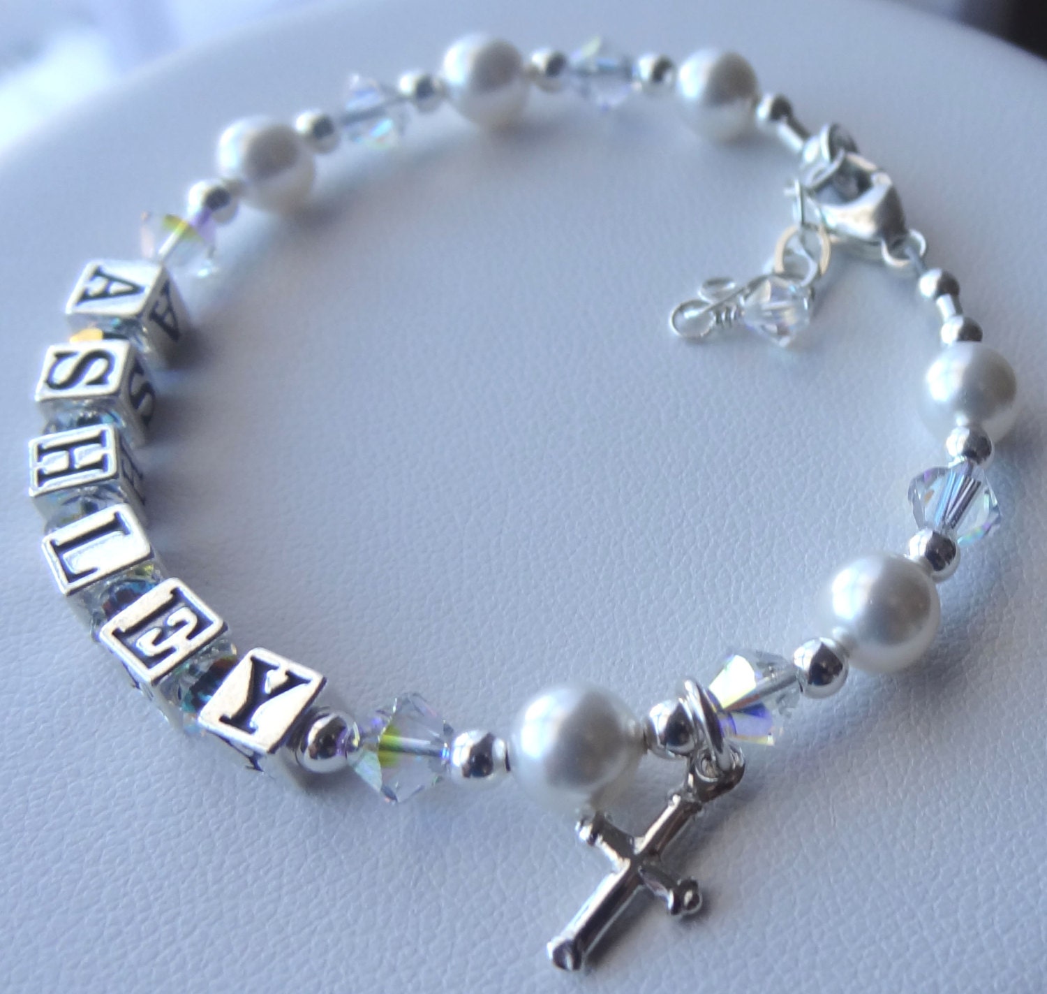 Personalized Sterling Silver Swarovski Crystal Cross, Name Children  Bracelet, Birthstone, Baptism, First Communion