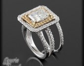 Radiant Cut Moissanite Engagement Ring with Yellow Sapphire and Diamond Double Halo with Diamond Wedding Band - LS2666