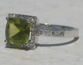 Square Cushion Cut Peridot Diamond Halo Engagement or Right Hand Ring - LS366