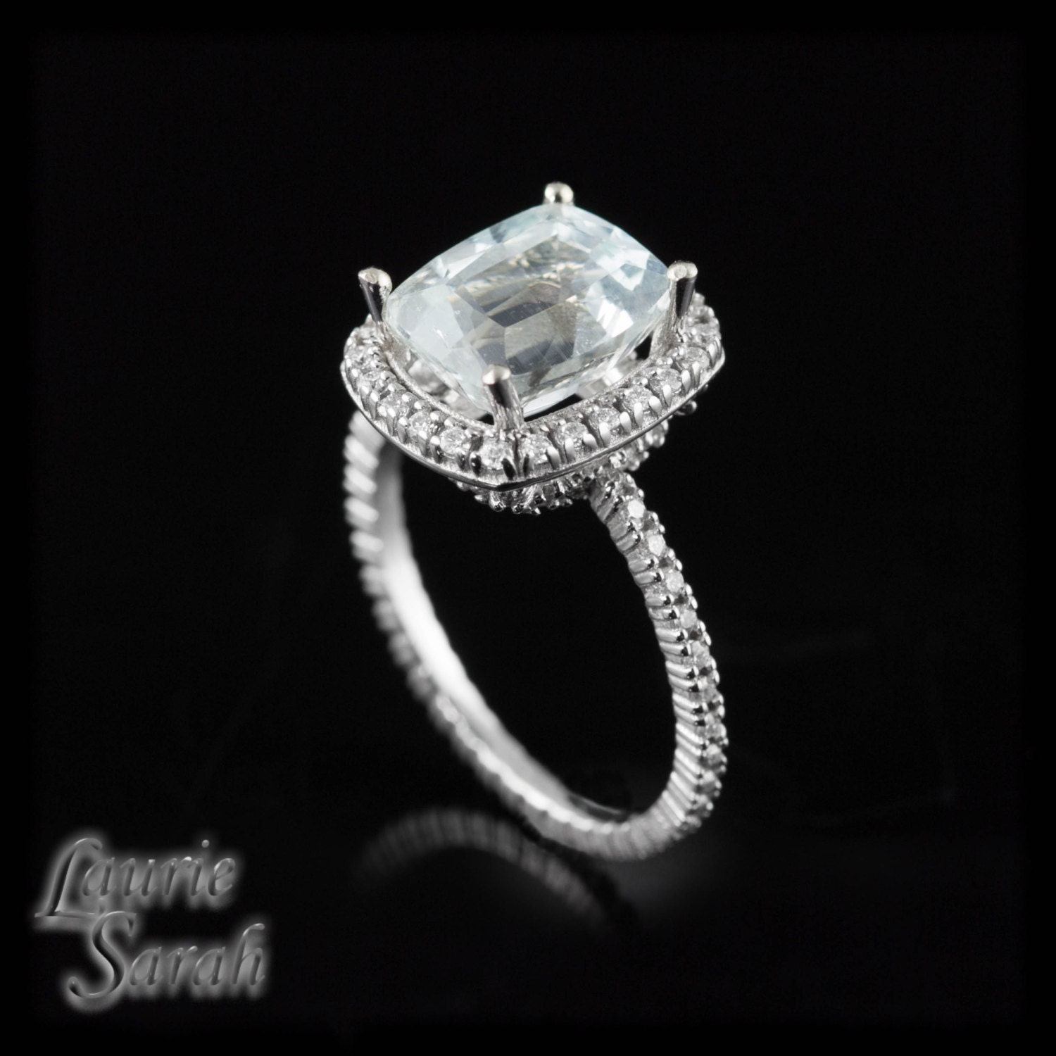 Cushion Cut Light Aquamarine and White Sapphires Engagement Ring in 14kt White Gold - Custom Order for ecbowden - 5rd Pmt