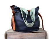 JOSEPHINE///Rare Navy Blue 1800's Coverlet  with Brown, Teal, and Midnight Blue Leather