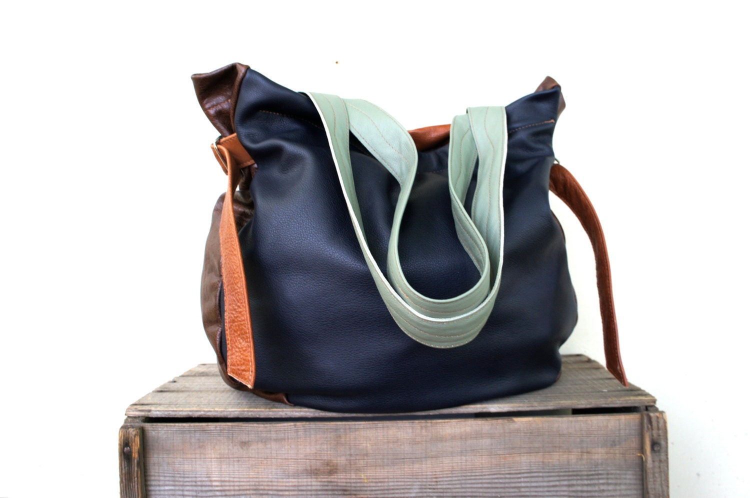 JOSEPHINE///Rare Navy Blue 1800's Coverlet  with Brown, Teal, and Midnight Blue Leather
