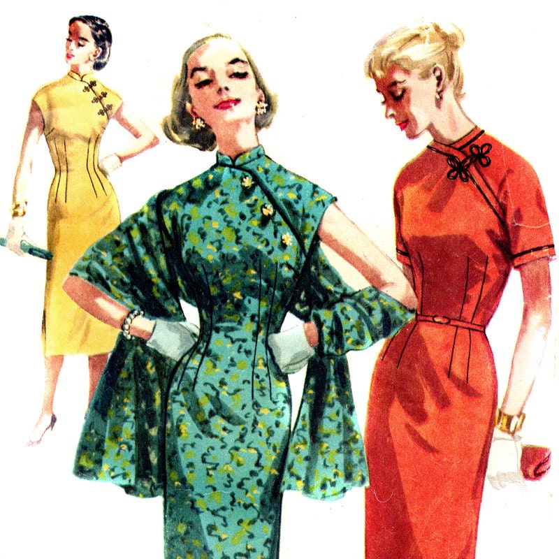 Vintage 1950s Sultry Cheongsam Wiggle Dress and Shawl  - Size 12, Bust 30- Simplicity 1447