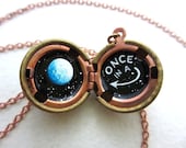 Blue Moon Locket - One of a Kind, Hand-painted in Oil - Black and White Starry Outerspace Background