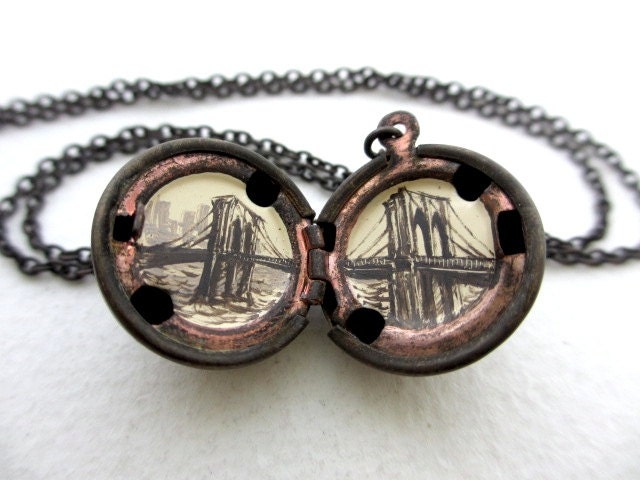 Brooklyn Bridge Locket, Miniature Old-Fashioned Landscape, Cream, Sepia, Gunmetal