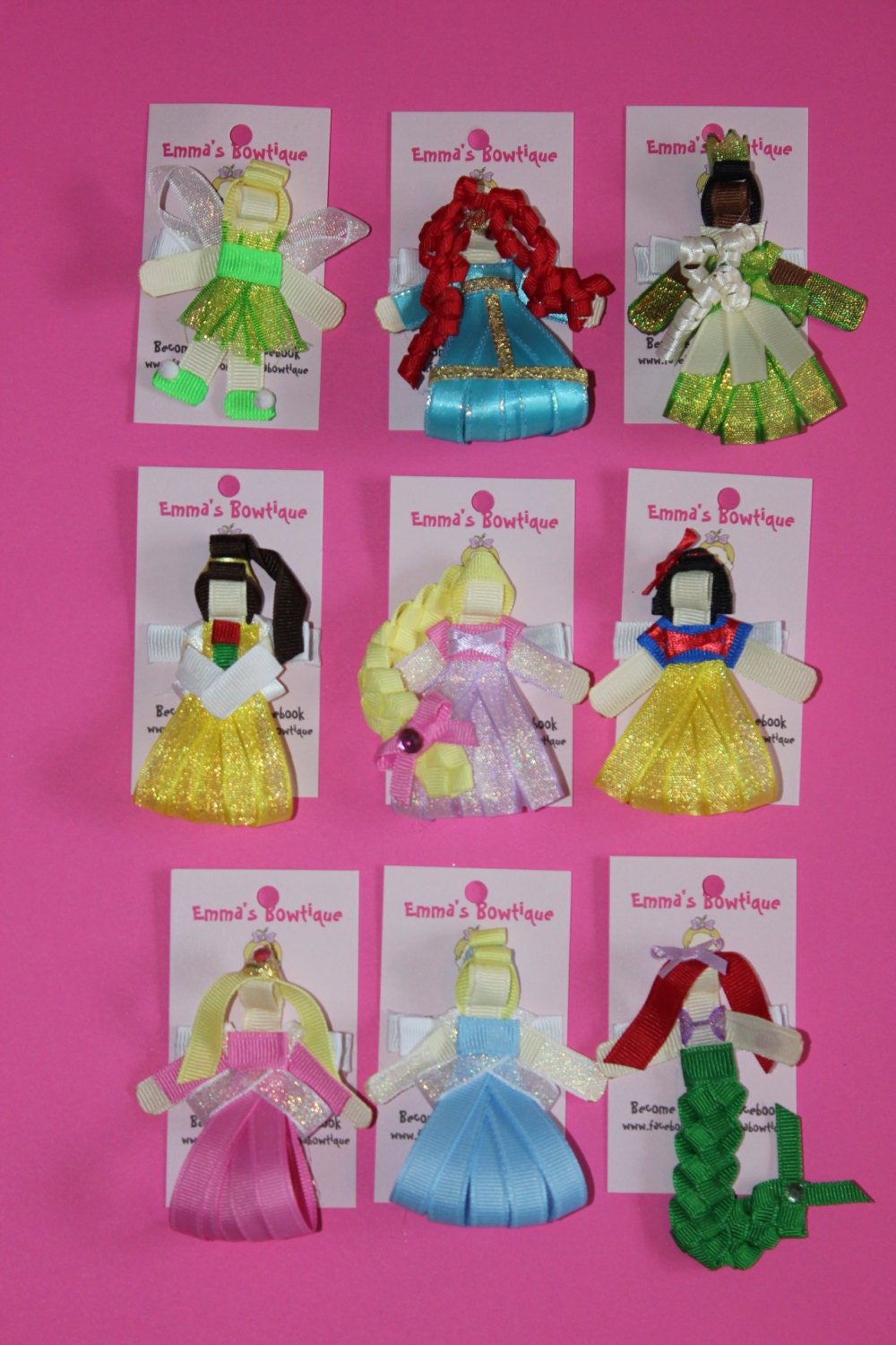 TWO Princess Inspired Hair Clips Belle, Tinkerbell, Little Mermaid, Snow White, Cinderella, Sleeping Beauty, Rapunzel, Brave, Tiana
