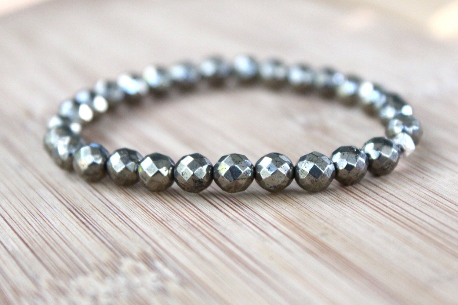 Rustic Faceted Pyrite Stretch Bracelet. Fools Gold Gem Stone Bracelet Hill Tribe Silver