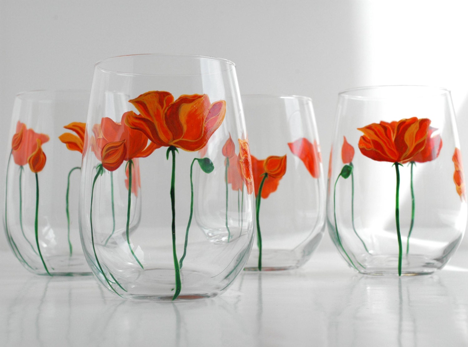 Orange Poppies Stemless Wine Glasses -- Set of 2 Hand Painted Stemless Wine Glasses for Mom