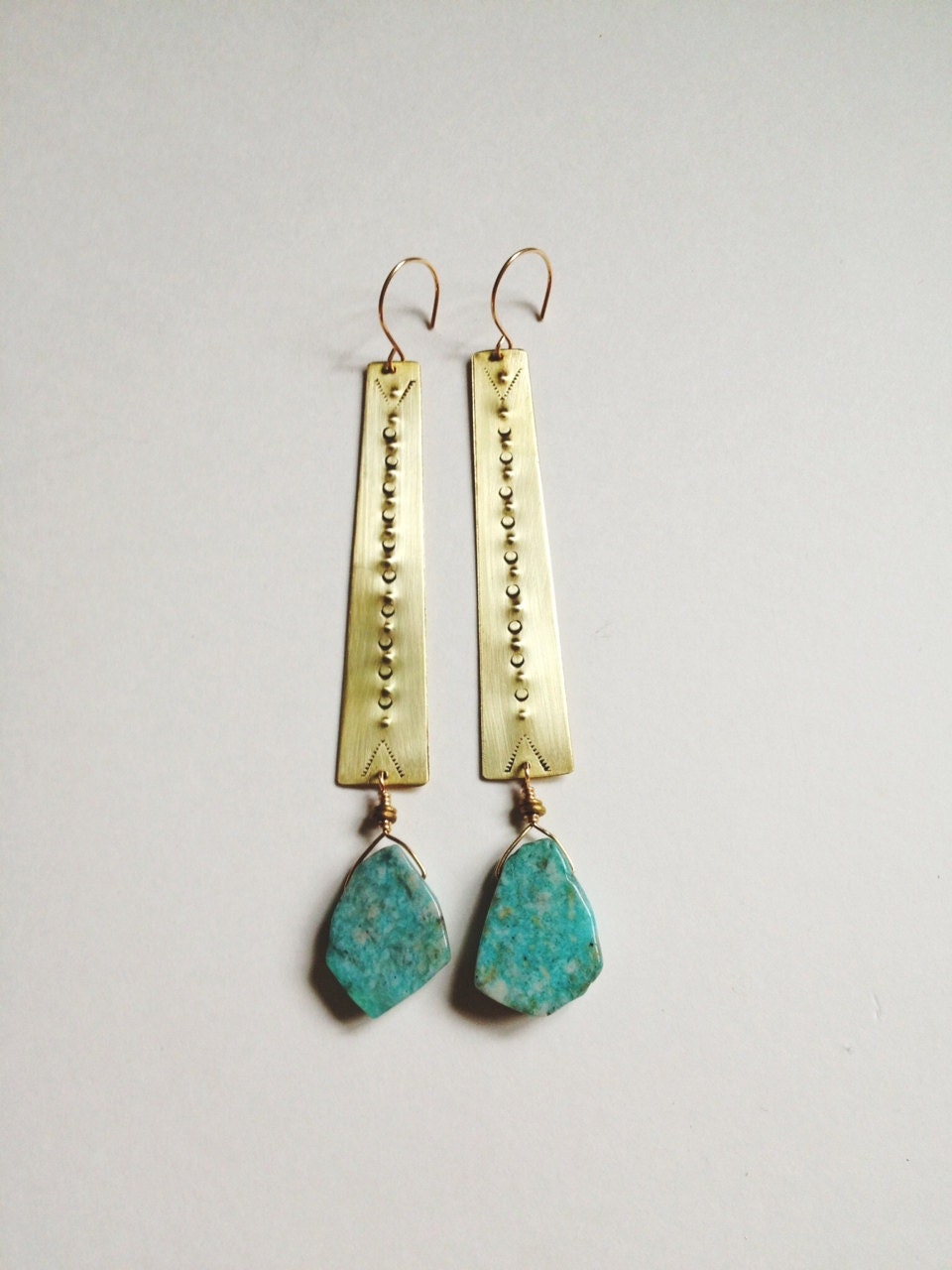 La Danta Earrings - hand stamped brass with amazonite