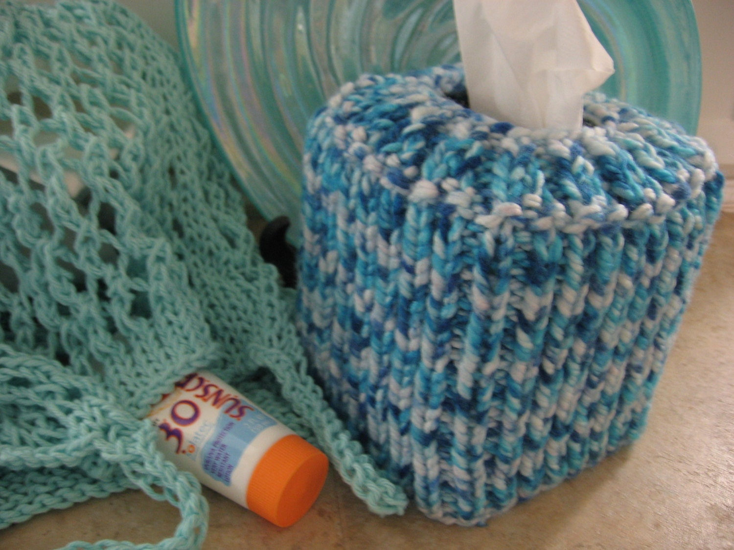 Tissue Cover Hand Knit in Variegated Turquoise Yarn