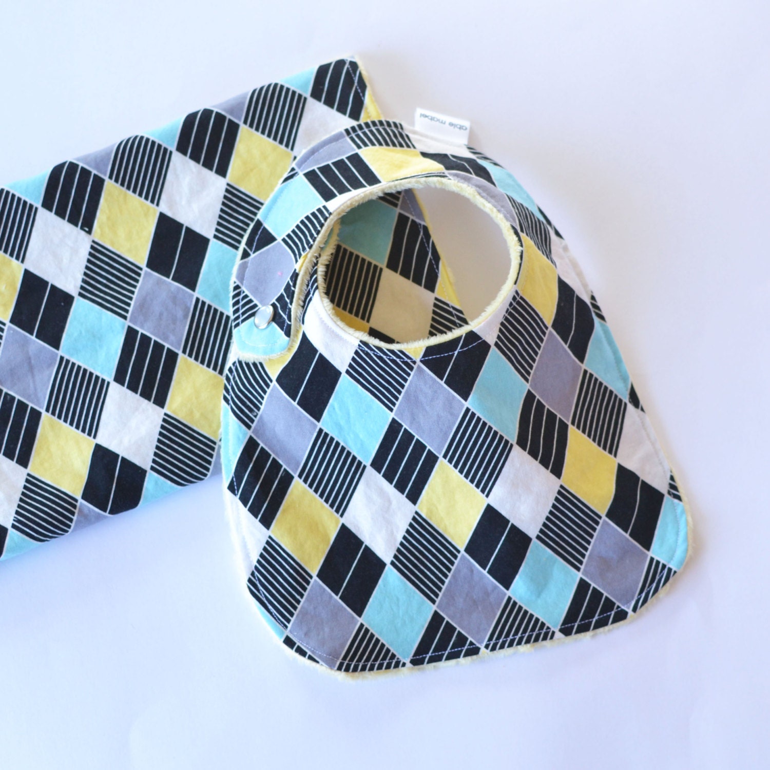Bib and Burp Cloth Set with Minky for Baby Boy, Vintage Vibe Argyle