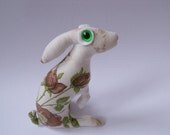 RESERVED   baby hare Scamp  adorable plush Soft Sculpture fabric ornament leveret lagomorph bunny in brown roses and green leaf pattern