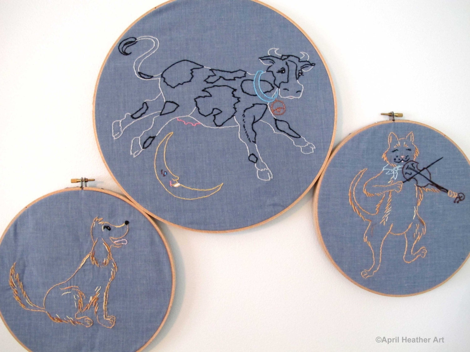 PDF-Nursery Rhyme Embroidery Pattern-Cow Jumped Over the Moon, The Little Dog Laughed, The Cat and the Fiddle