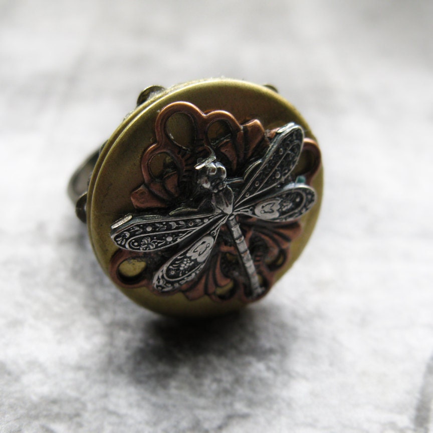 Filigree Neo Victorian Poison Locket Dragonfly Ring Adjustalbe Hyppoallergenic
