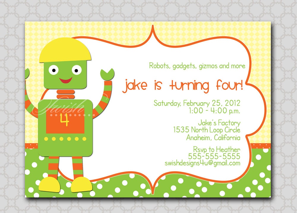 Robot Birthday Invitation - boy- Digital Printable Birthday 5x7 Invite Il_570xn