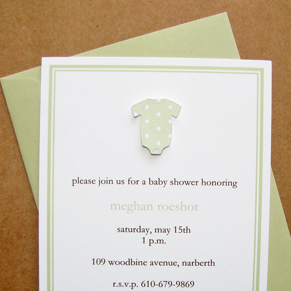 gender neutral baby shower invitation heavy cotton stock - handmade, celery polka dot baby onesie