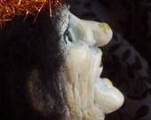 Halloween Witch Mixed Media Sculpted Clay Folk Art on Vintage Wood Block Original Hand Made HAGUILD AHQU