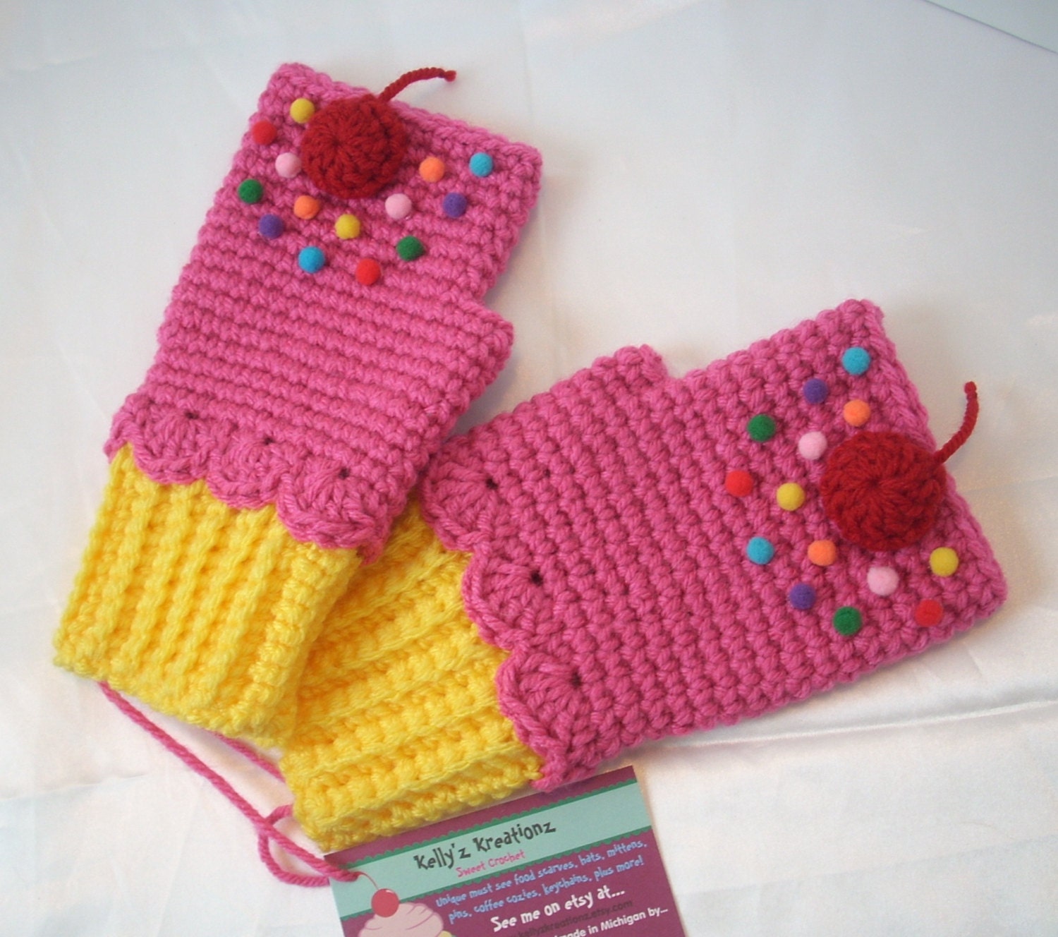Ready To Ship Lemon Yellow Cupcake Pink Mittens Crochet Fingerless Texting Gloves