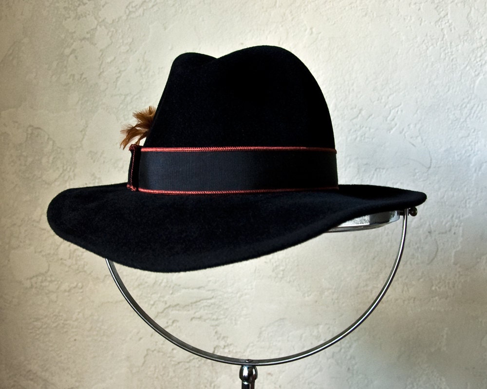 Vintage Black felt wool feather Fedora Wide Brim hat by Betmar