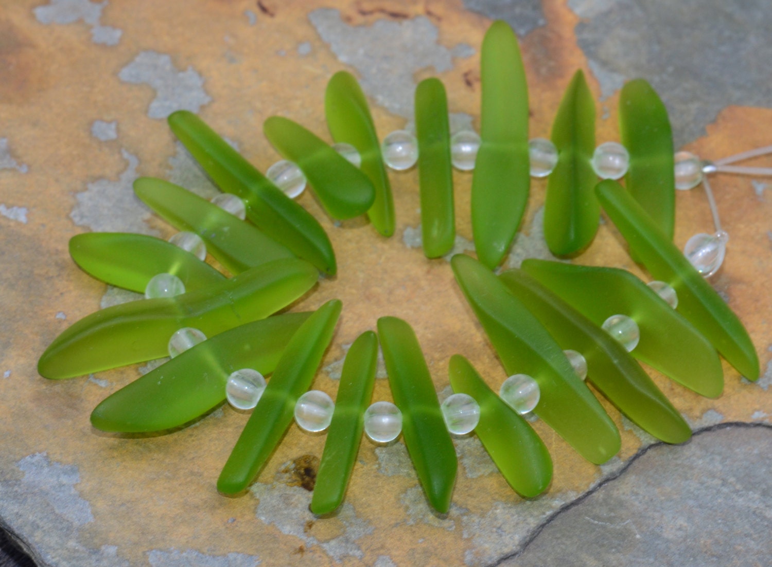 Lime Green Sea Glass Fish Bone Beads - Center Drilled Fishbone Spikes - 20 pieces - Beach Glass with 4mm Rounds