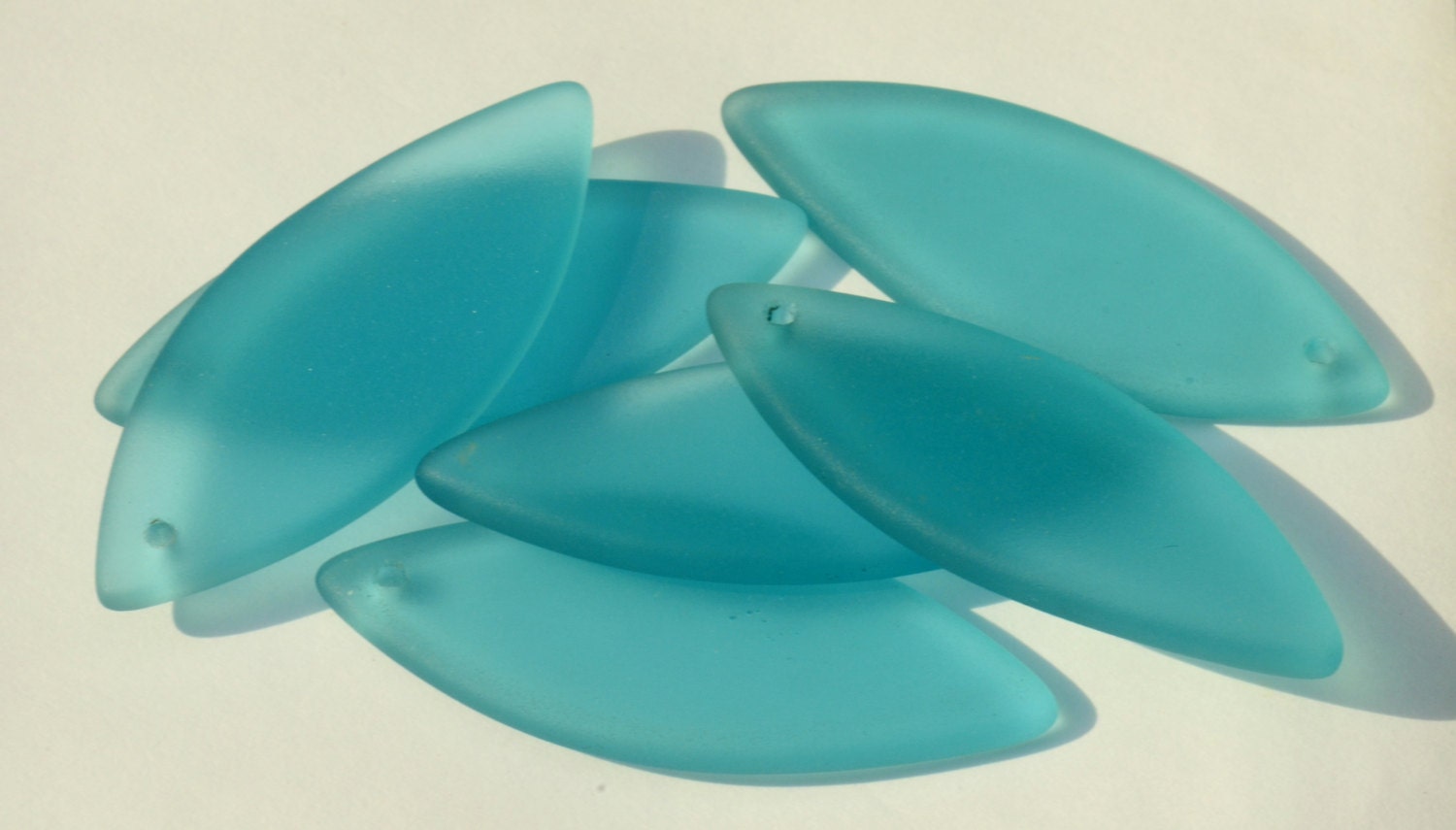 1 Pacific Blue Sea Glass 46mm x 18mm Spindle Marquise Focal Pendant - Beach Glass