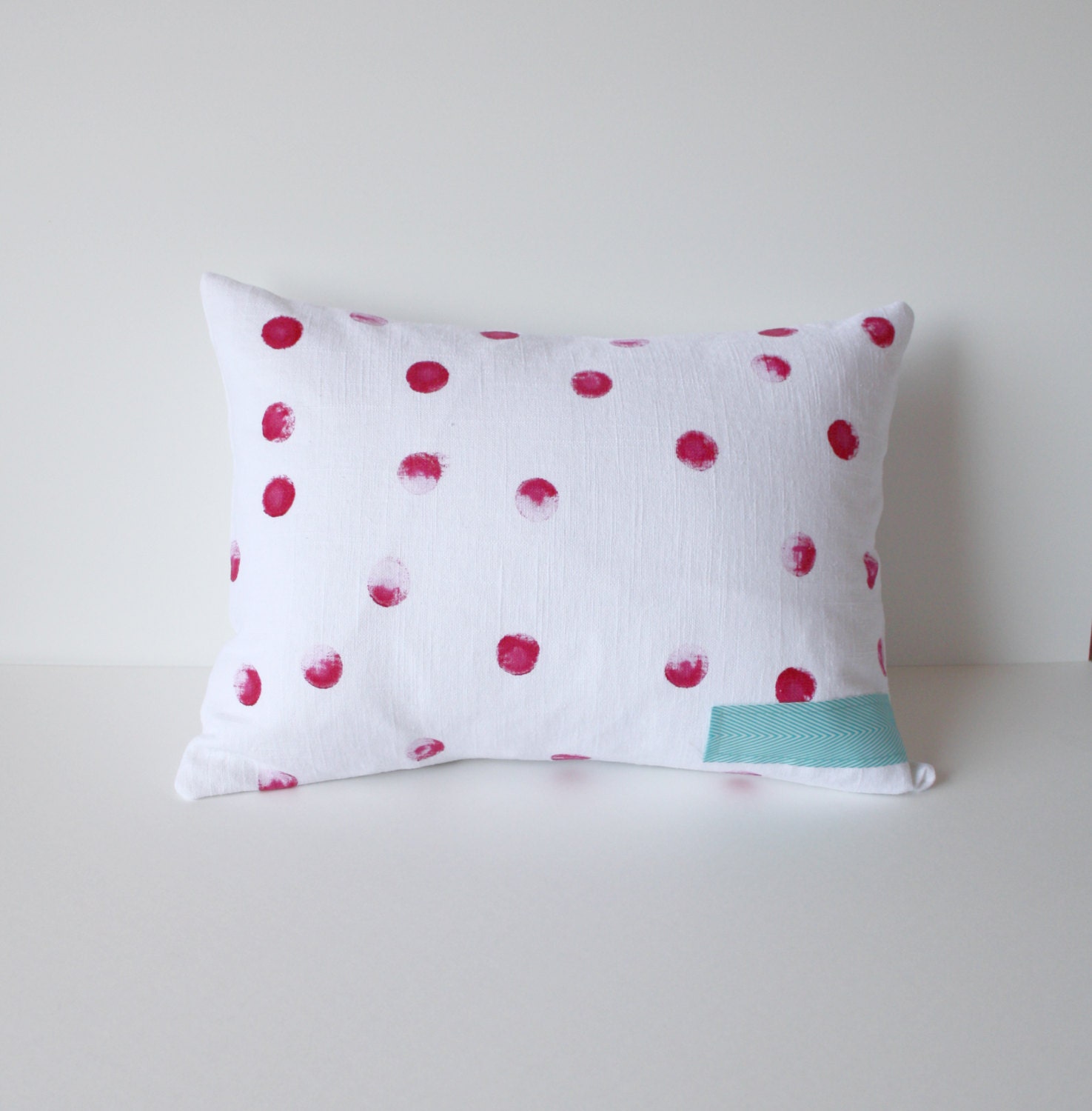 Hand Printed Pillow  - Polka Dot - Pink - White - Turquoise - Fresh Summer Decor