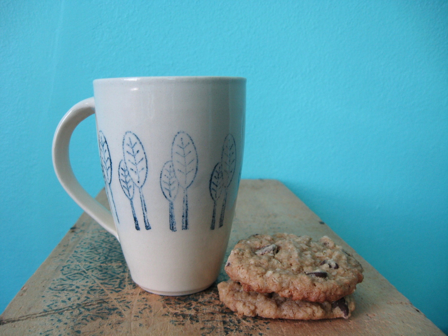 Large White Ceramic Coffee Mug with Blue Trees