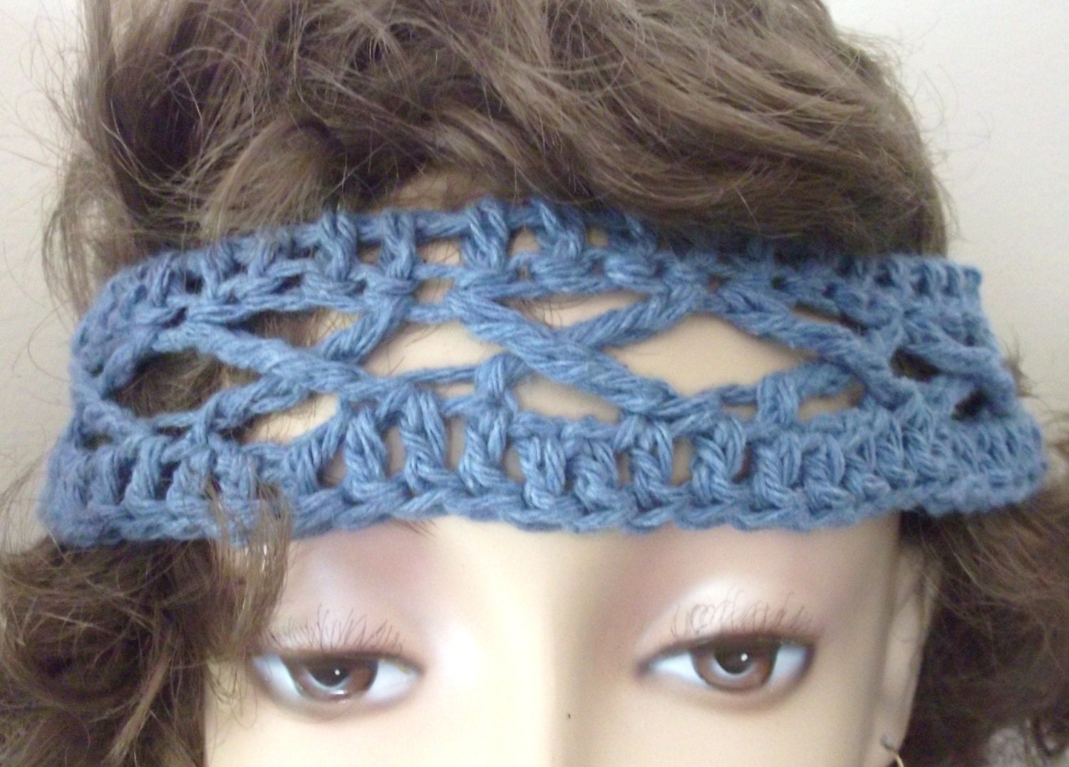 Crochet Head Band In Blue Cotton
