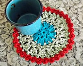 Doily Dish Cloth, blue red green white cottage style round dishcloth
