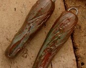 HUNTER GREEN SPIKES - Handmade Ceramic Beads - 2 Beads