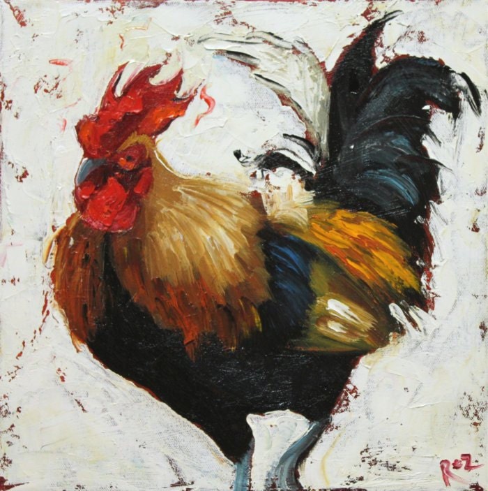 Rooster 592 12x12 inch animal portrait original oil painting by Roz