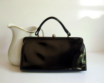 Vintage Clutch Purse Black Patent Leather / Vinyl Theodor of California Evening Bag