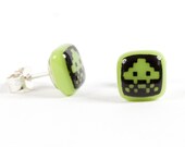 Green Space Invaders Earrings Glass Black Enamel Sterling Silver 925