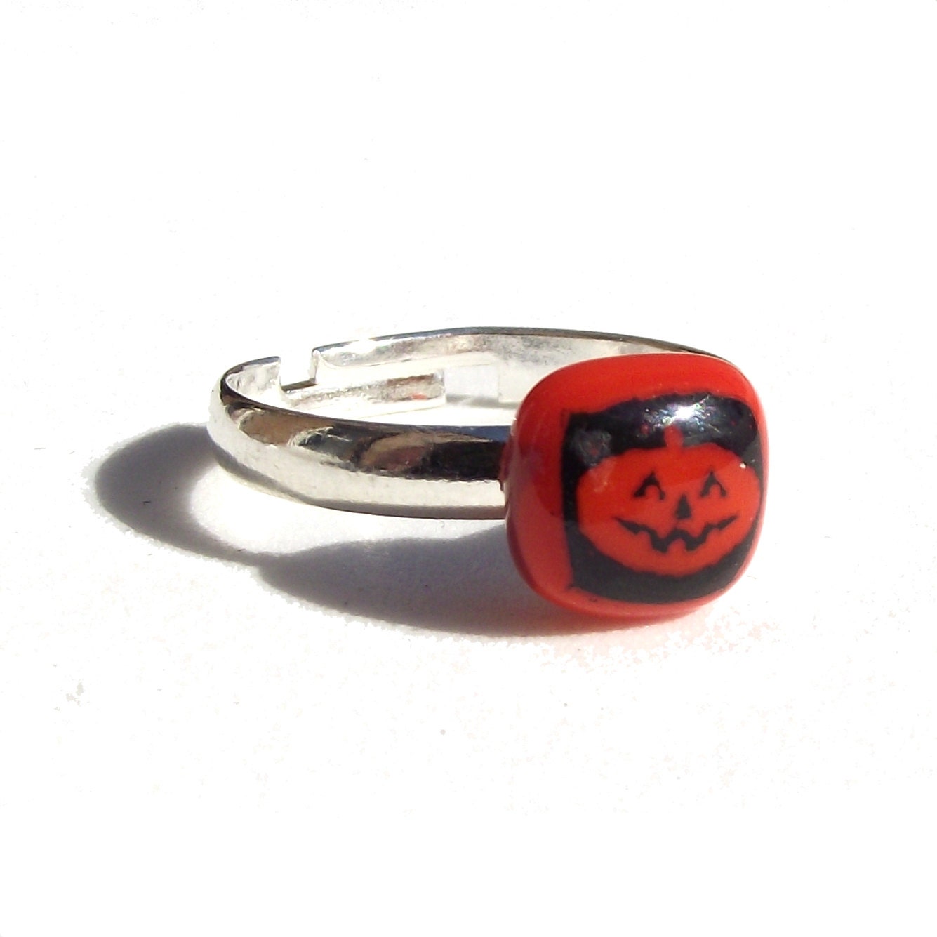 Pumpkin Ring Adjustable Glass Orange Black Enamel Silver
