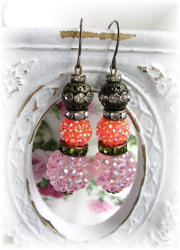 3 Tier Beaded Bubbed Bump Rhinestone Earrings Aurora Borealis Pink Orange Tangerine Peridot Filigree Beads Antique Brass