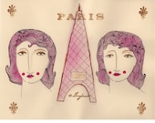 Eiffel Sisters, Archival Art Print  Paris Eiffel Tower Pink Sisters Travel Summer Vacation