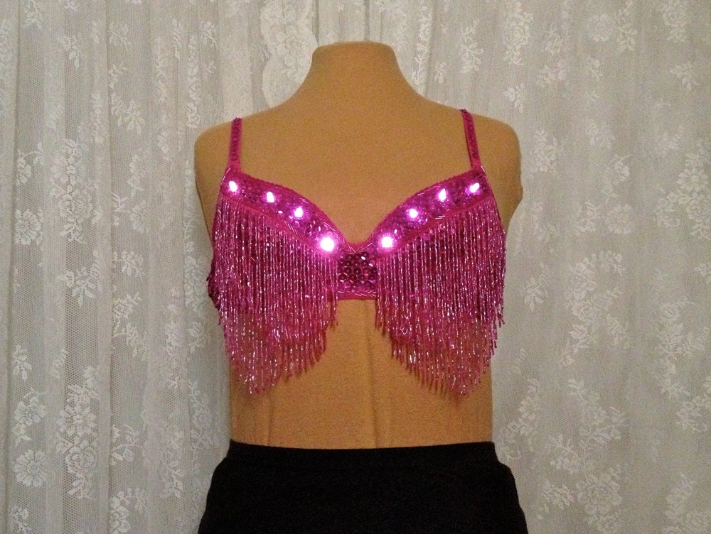 Pink burlesque bra - light up bra - Burning Man costume - glow in the dark - 34B pink bra