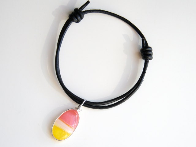 Adjustable Black Leather with Black Yellow and Pink Fused Glass Charm