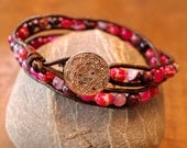 Plum Pudding - Imperial Dyed Jasper and Agate Dyed Amethyst Beads Double Wrap Leather Bracelet