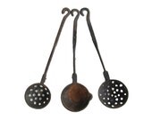 Primitive CAST IRON Ladle Strainer Spoon - Set of 3 Kitchen Decor