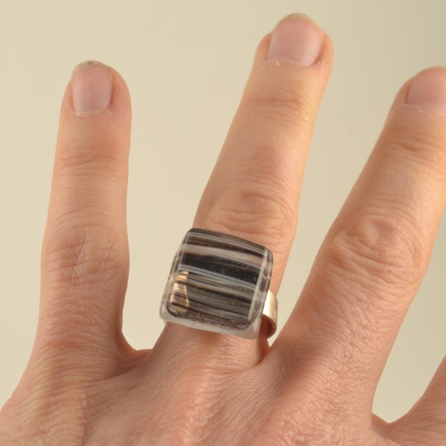 Black White Clear Stripe  Glass Ring ADJUSTABLE