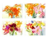 Hot Pink And Orange Flower Still Life  Photographs, Four Floral Art Prints, Bright Color Wall Decor, Lily Flower