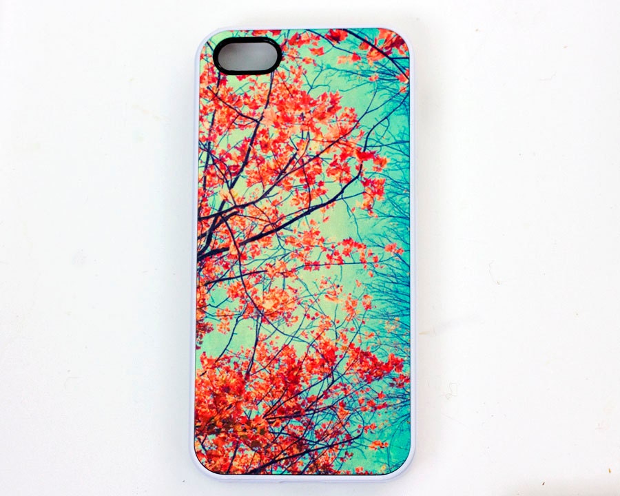 Red Leaves  IPhone 5 Case,  Fall Foliage Case, Women's Accessory, Original Photograph, Ready to Ship, Red, Turquoise