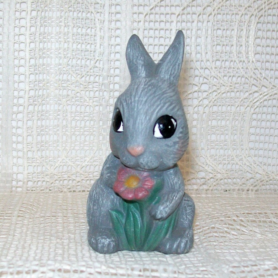 Handmade Gray Ceramic Bunny Holding a Flower